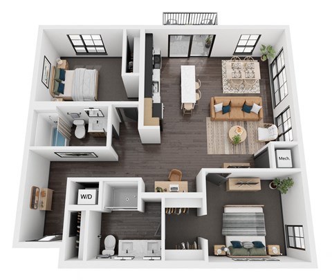 Floor plan for 2 beds, 2 baths, 1117 sqft